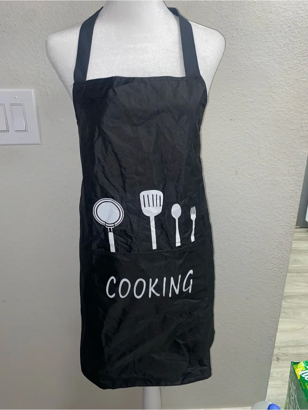 Black 'Cooking' Kitchen Apron with Utensil Design